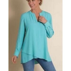 SOFT SURROUNDINGS Teal Blue‎ Crape V-Neck Asymmetrical Tunic Top Sz. Large